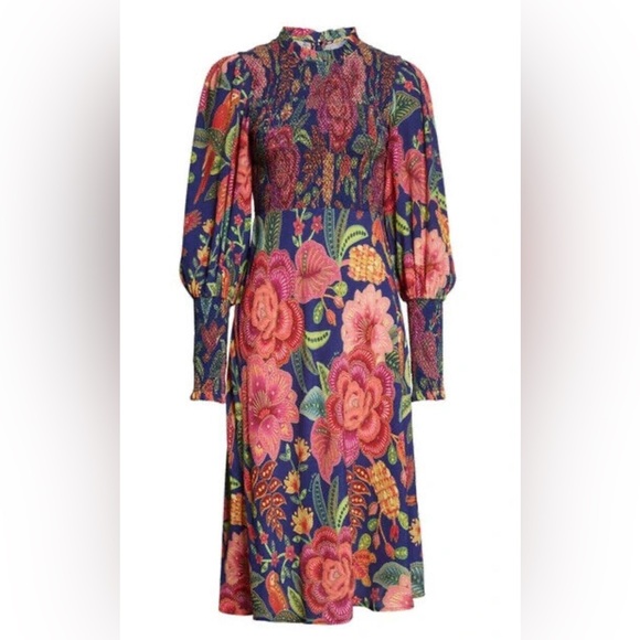 FARM Rio Macaw Bloom Floral Smocked Juliet Sleeve Dress size XL - Picture 2 of 16